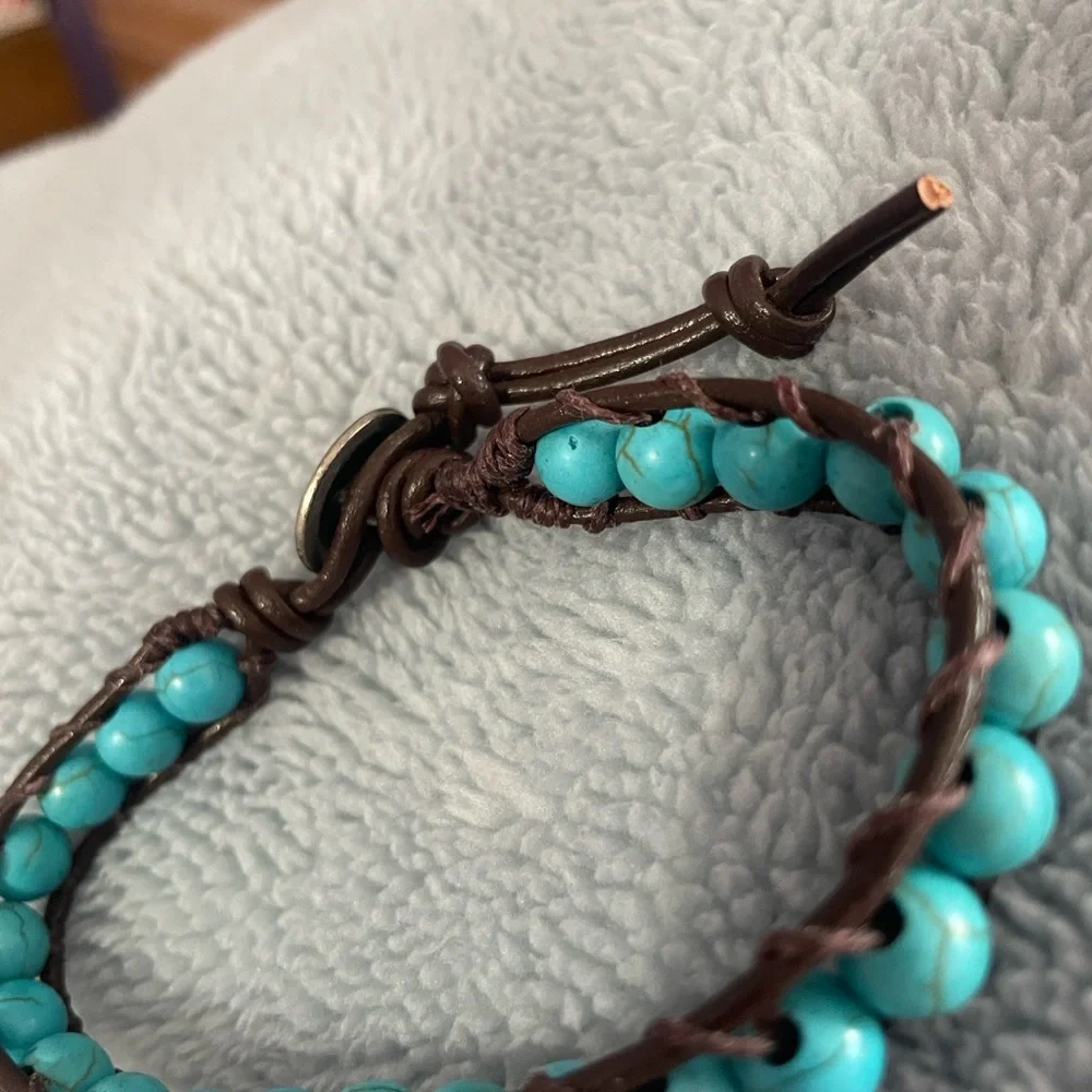Handmade Bohemian Turquoise and Leather Beaded Ladder Stitch  Bracelet